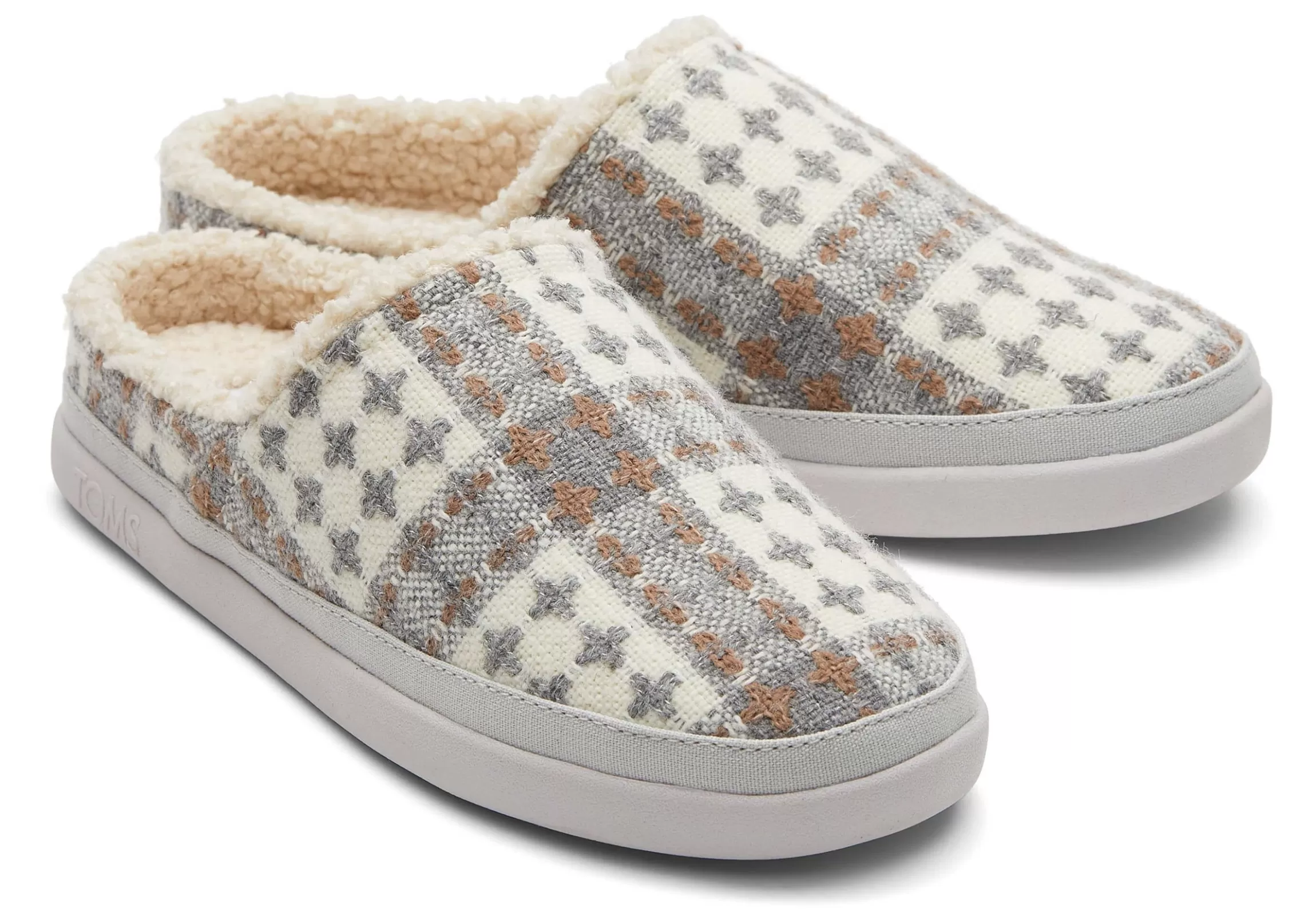 Hot Sage Grey Plaid Faux Shearling Slipper Women Slippers